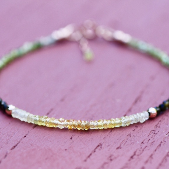 Natural Yellow Sapphire Green Tourmaline Bracelet Solid 14K Rose Gold , 7.1" - Picture 5 of 11
